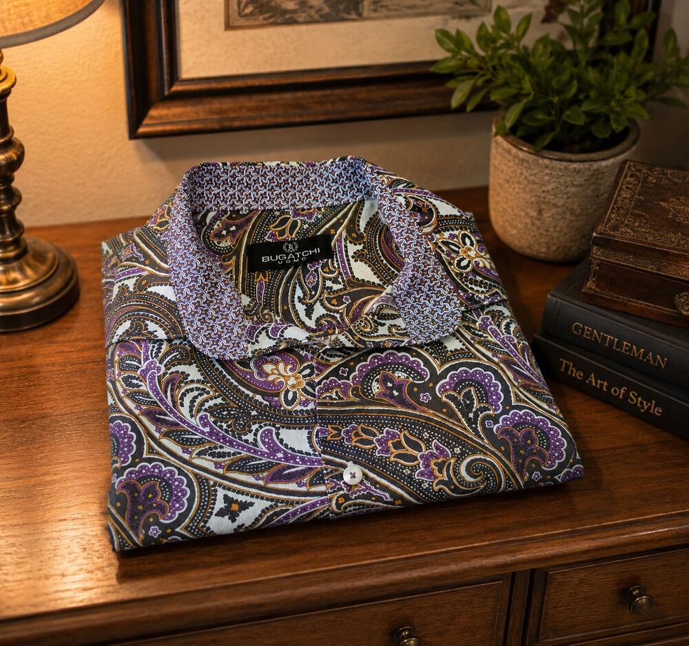 Bugatchi Uomo Men's LARGE Paisley Cotton Dress Shirt Purple White Button Front